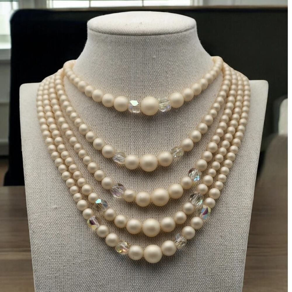 Pearl & AB Crystal Necklace 5 Strand Layered  – Bridal Romantic